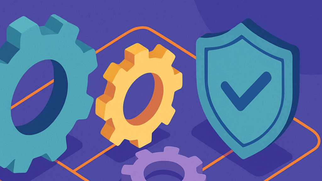 Isometric teal, yellow and purple gears beside a shield with a checkmark, showing governance as protection that keeps work moving