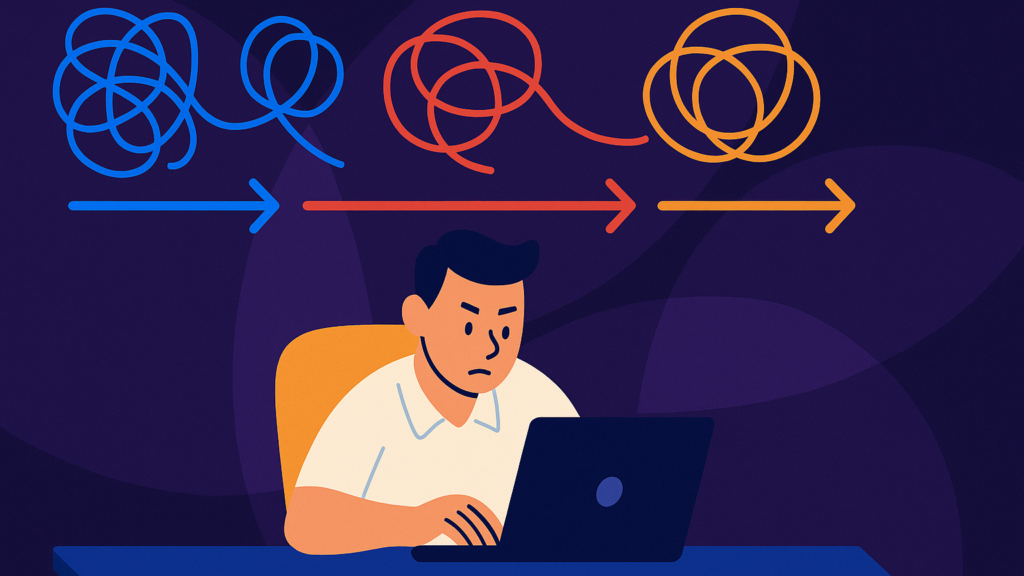 Frustrated man at a laptop beneath tangled colored lines that straighten into arrows, showing workflows breaking down