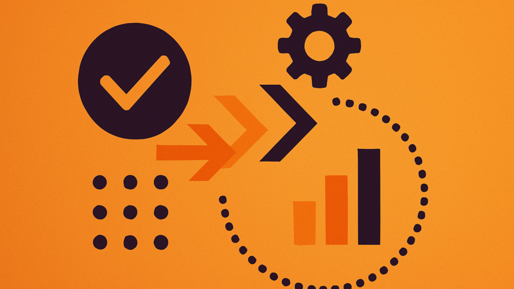 Orange graphic with a checkmark, forward chevrons, a gear, a dotted circle and rising bars, closing the Service Value Chain article