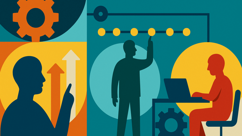 Silhouettes of three people with gears, rising arrows and a row of milestone dots, illustrating steps for mapping the value chain