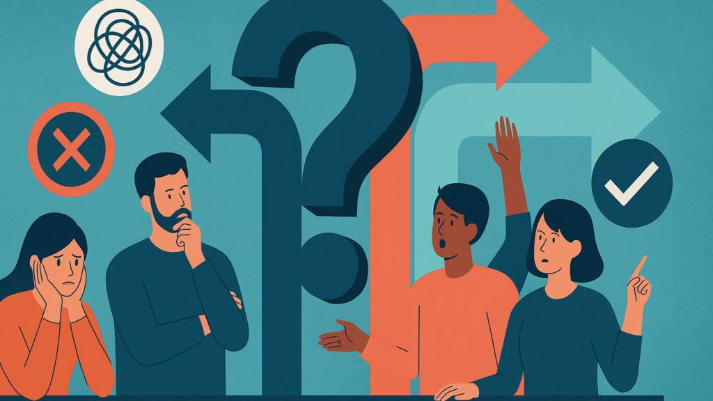 Four puzzled teammates around a large question mark and diverging arrows, with an X and a checkmark, struggling to decide