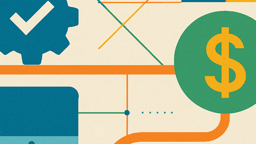 Abstract flat illustration of a checkmark gear, a monitor and a dollar-sign coin linked by orange lines, aligning IT with business value