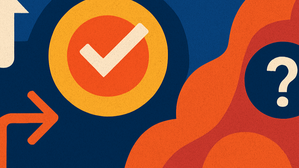 Abstract graphic of an orange checkmark, a question mark and directional arrows, representing decisions filtered by guiding principles