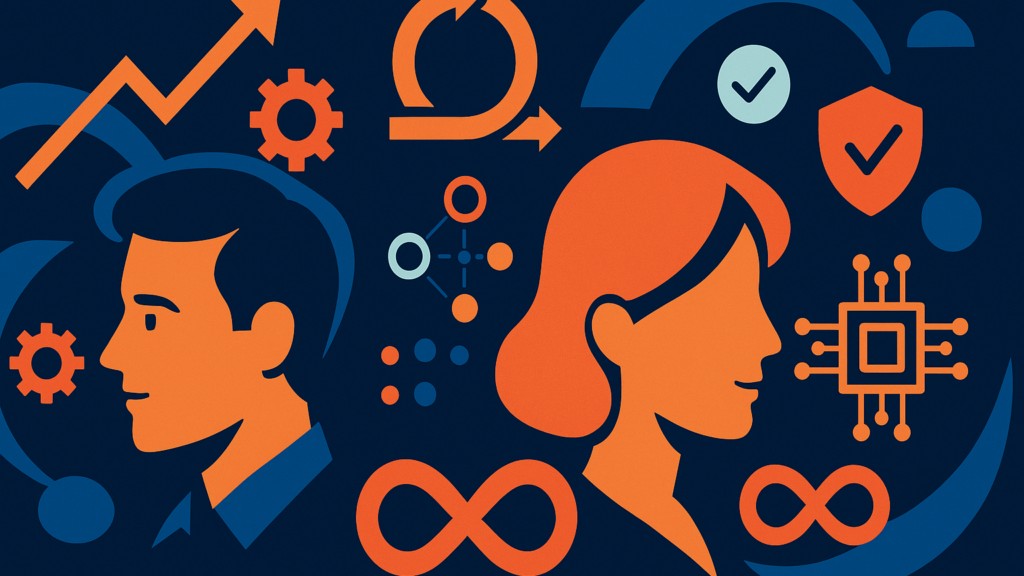 Two profile silhouettes surrounded by an agile loop, infinity symbols, shield, chip and rising arrow, showing ITSM alongside Agile and DevOps