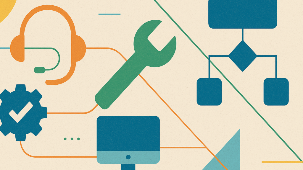 Abstract flat illustration of a headset, wrench, monitor, gear and flowchart, representing service desk, infrastructure and process teams