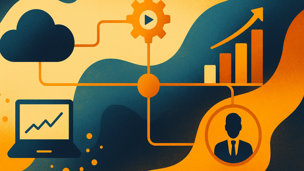 Abstract illustration of a cloud, gear, laptop, bar chart and person linked by orange lines, showing blended frameworks