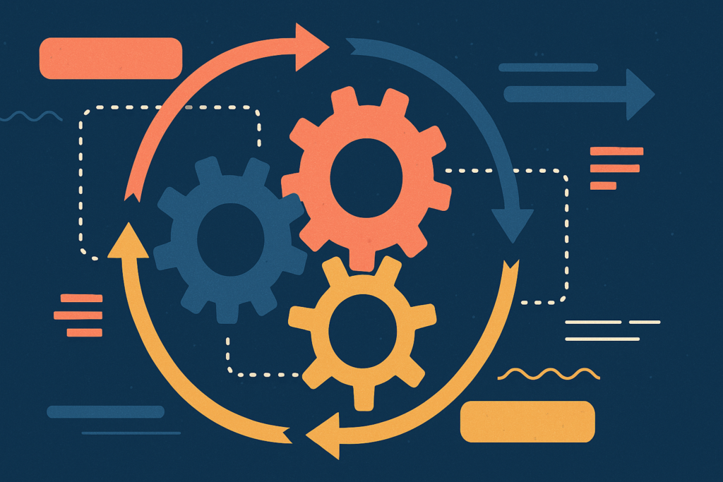 Three interlocking gears inside circular arrows, representing the Service Value Chain as a continuous engine of activities