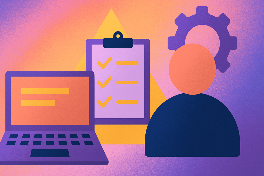 Laptop, checklist clipboard, gear and a person silhouette, representing ITIL practices where the work gets done