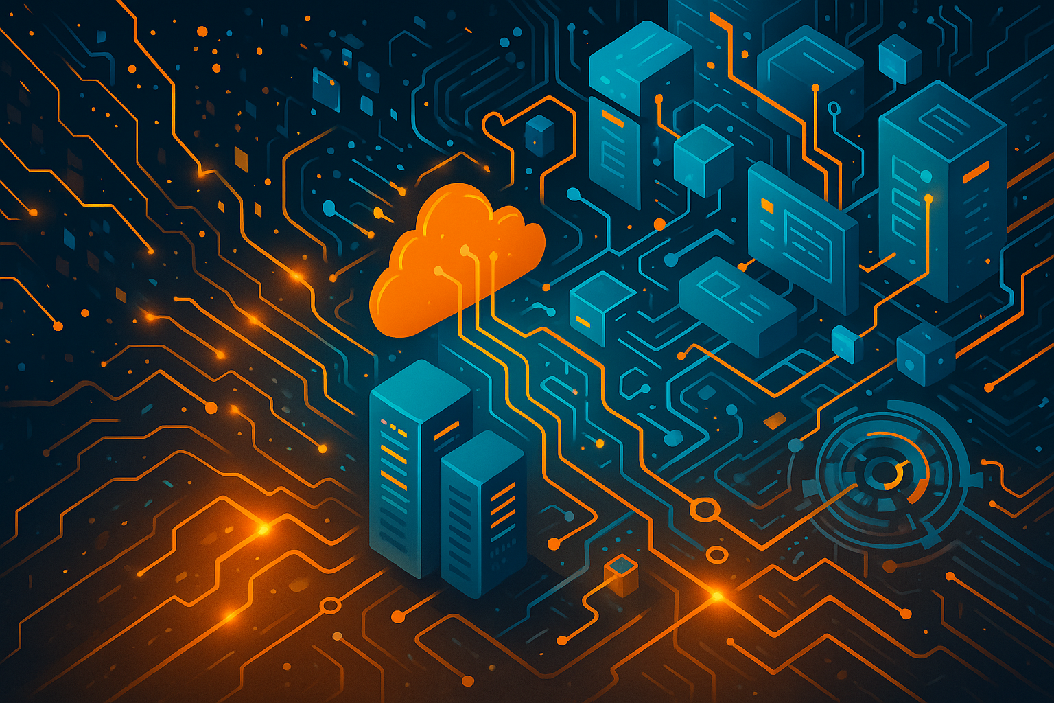 Isometric server racks and an orange cloud linked by glowing circuit lines, illustrating change flowing through complex infrastructure