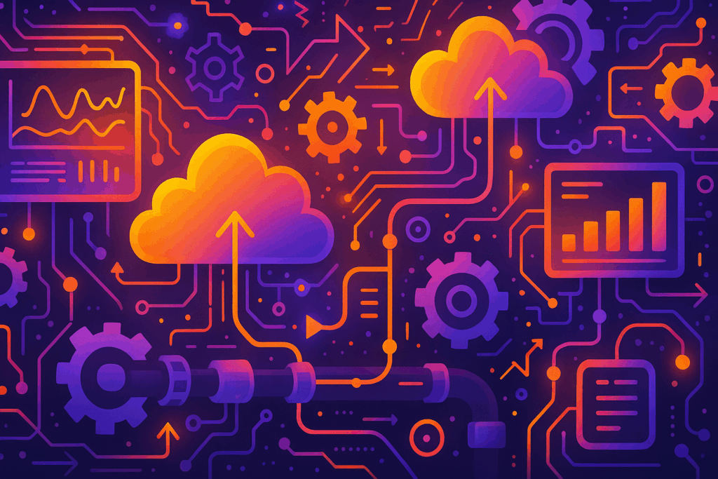 Purple and orange illustration of clouds, dashboards, gears and a pipeline linked by circuit lines, depicting automated delivery at DevOps speed