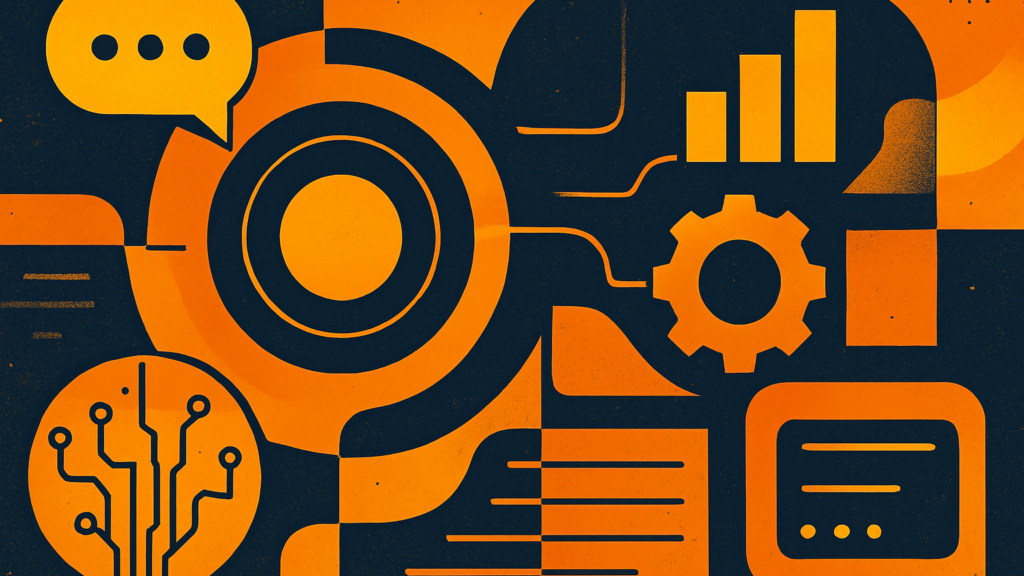 Orange and navy graphic of a chat bubble, gear, bar chart, circuit tree and interface panel, representing core service desk shifts
