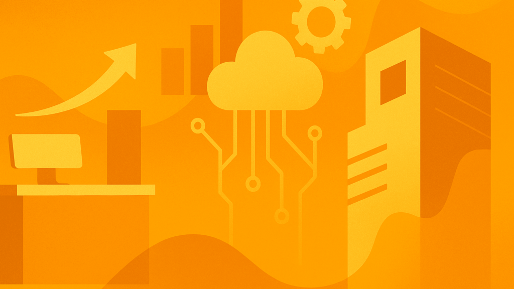 Orange flat illustration of a help desk workstation with a rising arrow, a cloud with circuit lines and a server tower