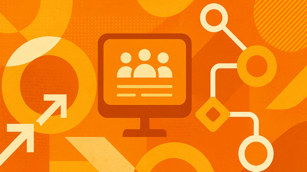 Orange illustration of a monitor showing a group of people, beside a rising arrow and a workflow of connected nodes, on the changing service desk role