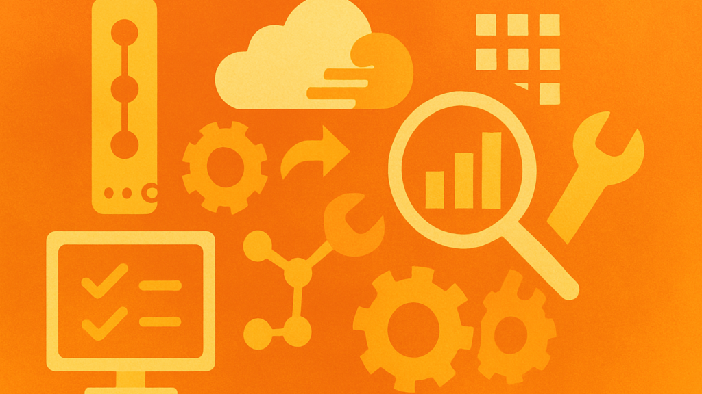 Orange icon collage of a checklist monitor, server, cloud, magnifying glass over a bar chart, wrenches and gears, showing modern service desk tools