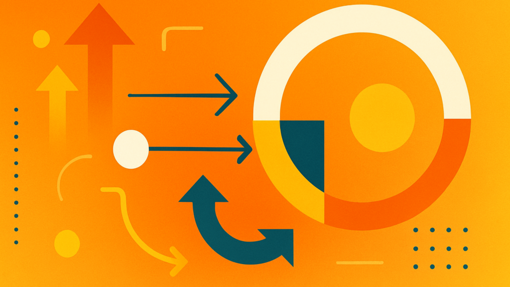 Abstract orange graphic of rising arrows flowing into a segmented ring, illustrating practical takeaways for service desk workflows