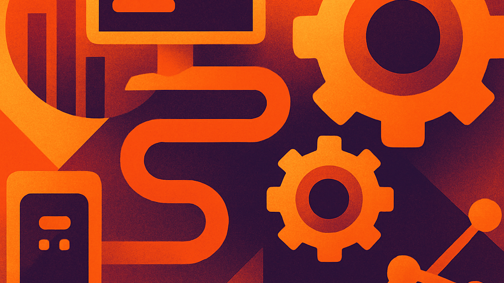 Abstract orange and purple graphic of a monitor, phone, winding path and gears, closing the modern service desk article