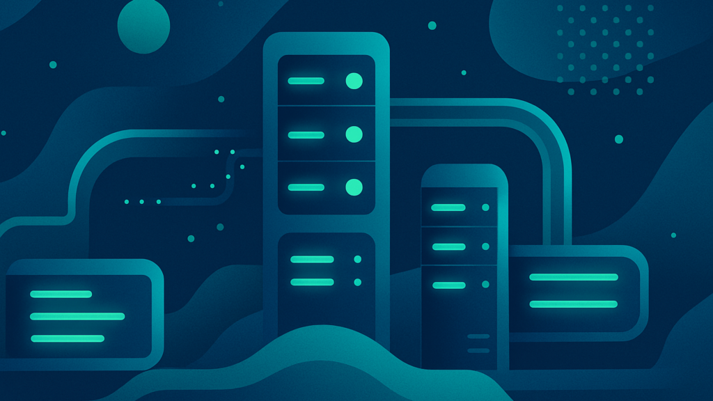 Stylized teal server racks and control panels linked by pipes, representing the traditional infrastructure model