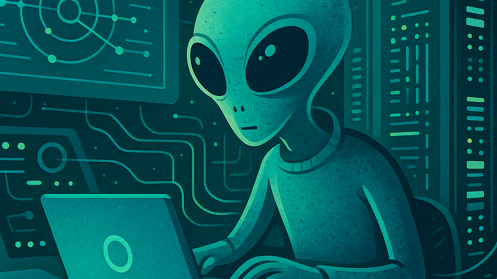 Cartoon alien working at a laptop in a server room with circuit lines and dashboards, a light-hearted Final Thought image