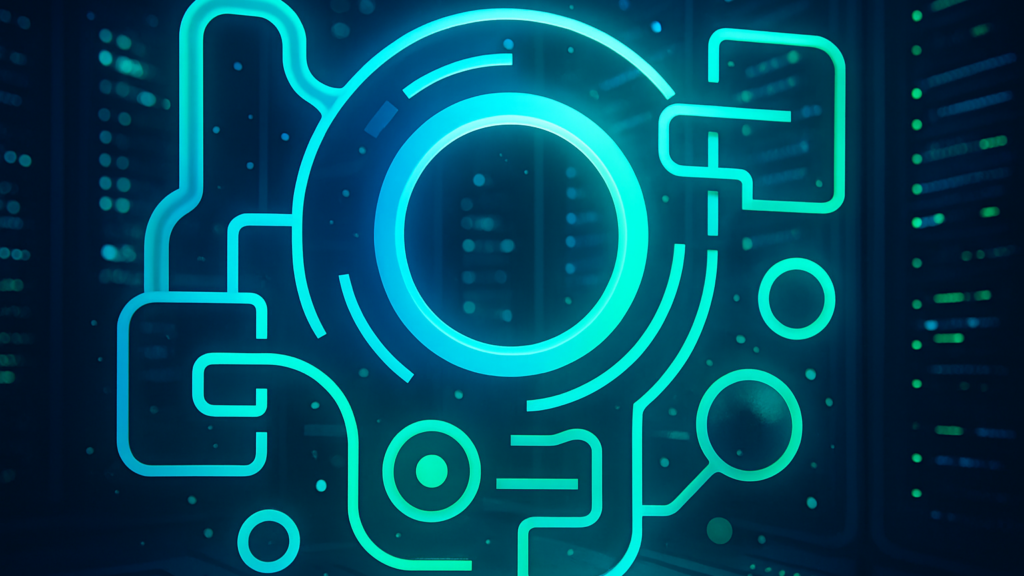 Glowing teal circular interface with circuit-line icons over blurred server racks, representing a self-service infrastructure platform