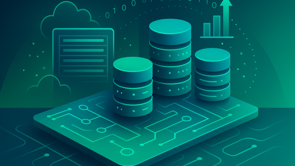 Isometric stacks of teal database cylinders on a circuit board beside a rising bar chart, representing infrastructure as a product