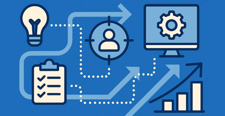 Blue diagram flowing from lightbulb idea and checklist through a customer target and gear monitor to a rising bar chart, showing service productization