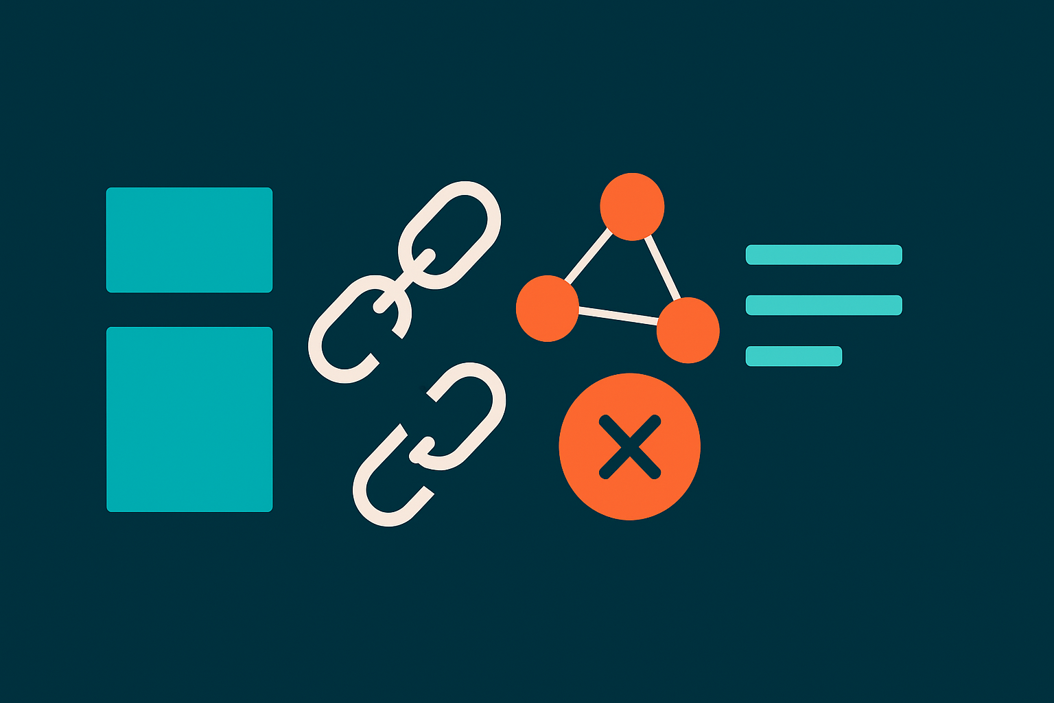 Broken chain links between two blocks and a node network with a red X, showing configuration and knowledge that fail