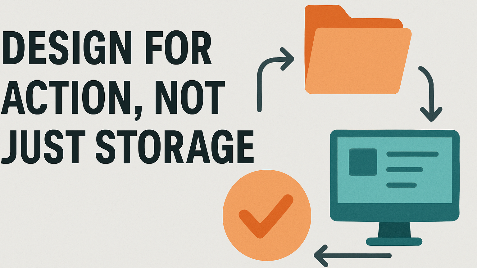 Folder, monitor and checkmark linked by circular arrows, captioned Design for Action, Not Just Storage