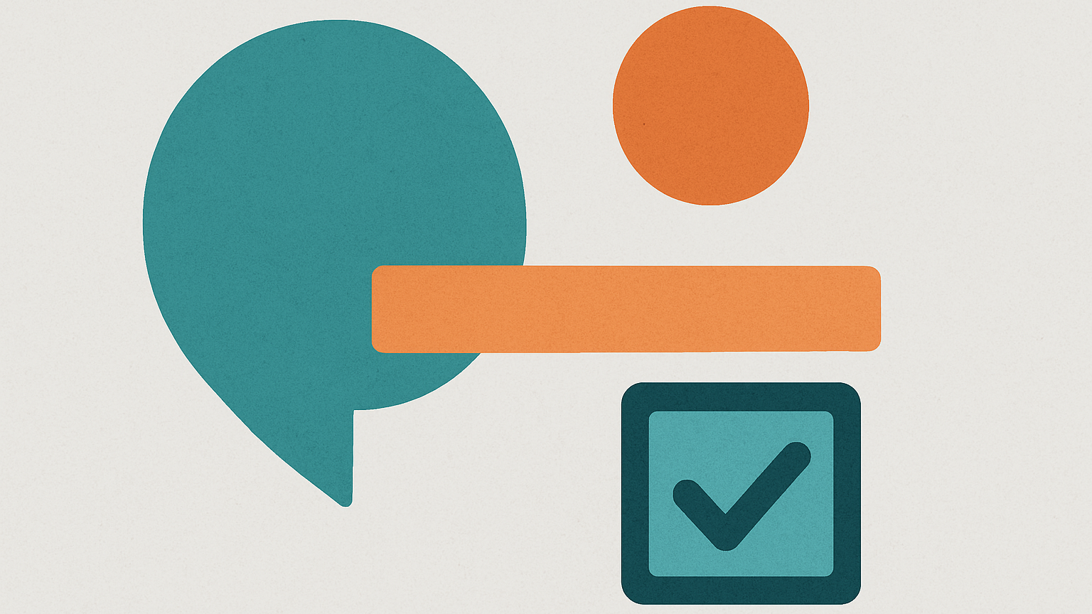 Abstract teal speech bubble, orange bar and circle, and a checked box, closing the article on trusted systems of record